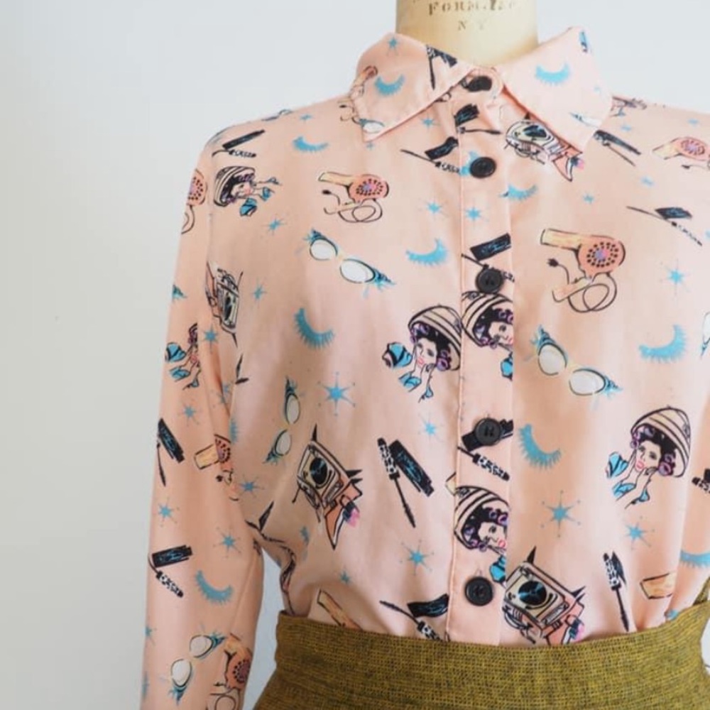 RARE Modcloth Pink Hair Stylist Makeup Print Button-Up Blouse-M